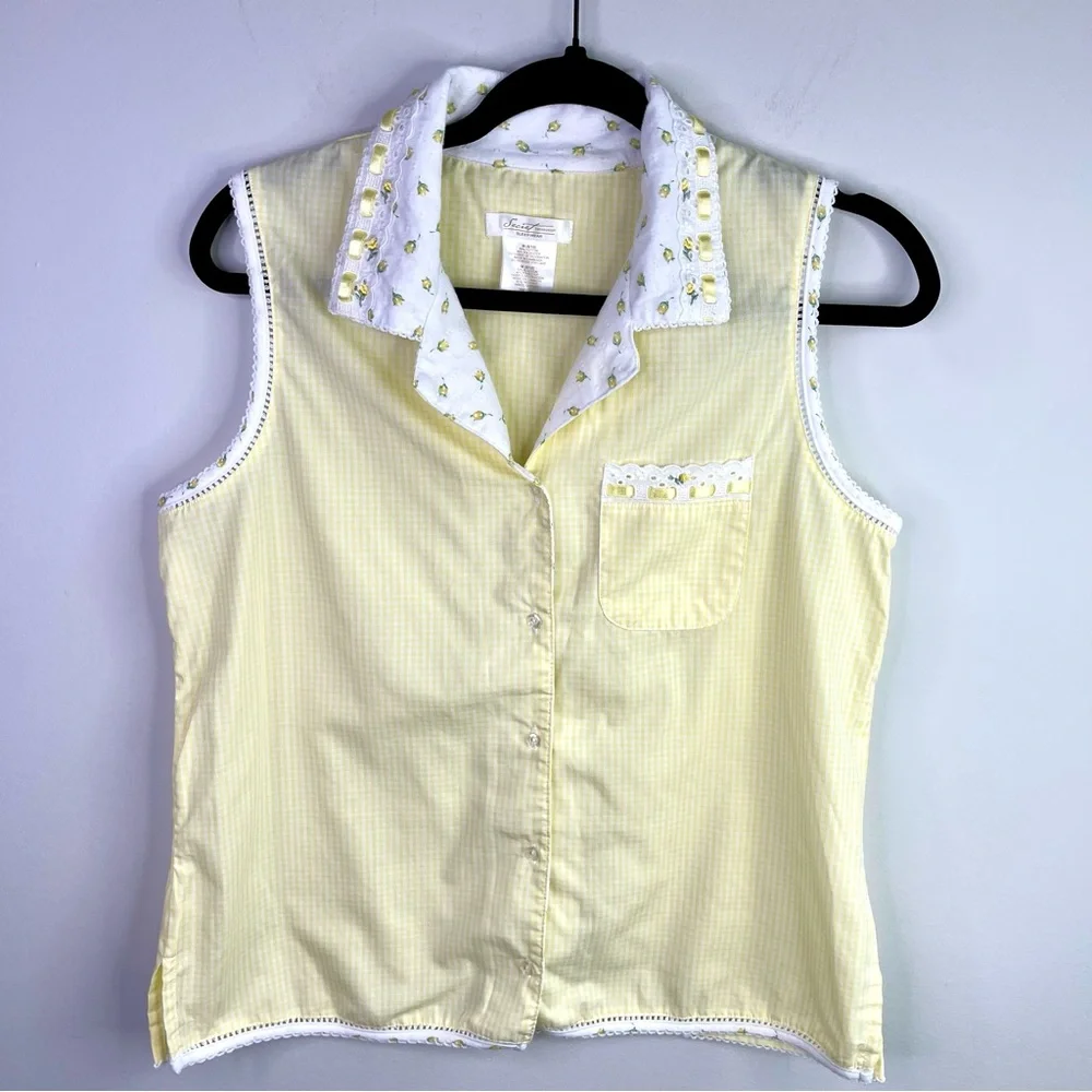 Secret Treasures Yellow and White Gingham Pajama Set With Flowers Size M - Picture 3 of 10